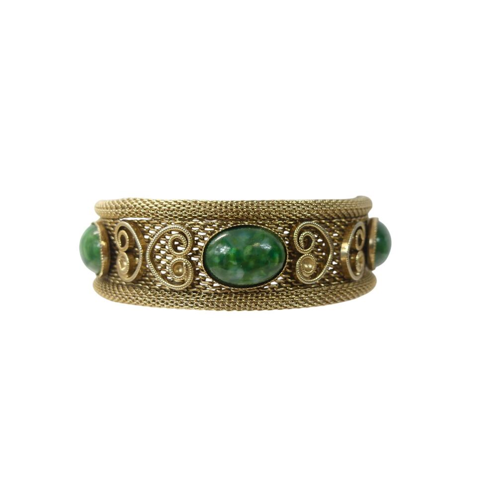 Vintage Gold Tone Mesh Bracelet with Green Natural Stones